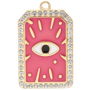 Rectangle pendant 34x21 mm with epoxy eye & rhinestones 304 stainless steel gold - Pink