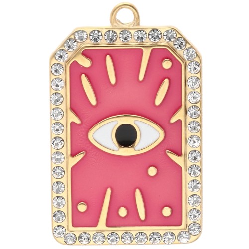Rectangle pendant 34x21 mm with epoxy eye & rhinestones 304 stainless steel gold - Pink