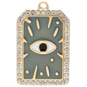 Rectangle pendant 34x21 mm with epoxy & rhinestone eye motif 304 stainless steel, gold-plated - Sage