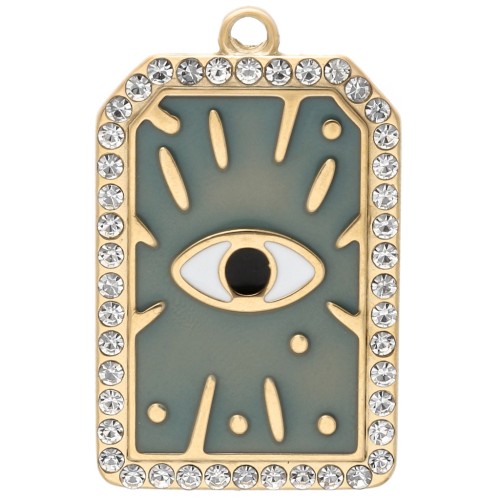 Rectangle pendant 34x21 mm with epoxy & rhinestone eye motif 304 stainless steel, gold-plated - Sage