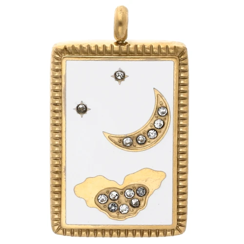 Rectangular pendant 26x15 mm moon motif - epoxy - 304 Gold stainless steel - White