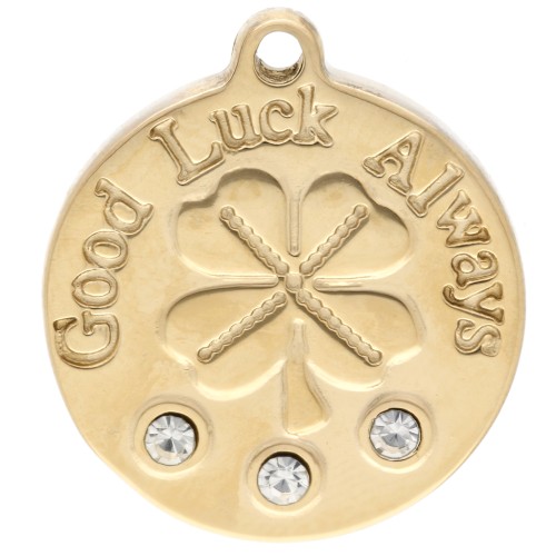 18 mm round charm with Good Luck Always clover design and rhinestones - 304 gold-plated stainless steel