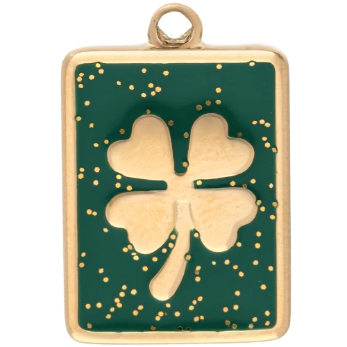 Rectangle charm 18x12 mm clover pattern - 304 Gold stainless steel - Green glitter x1