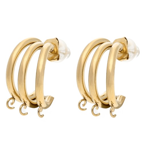Triple-row hoop earrings 14 mm with 3 open rings - 304 Gold stainless steel x2