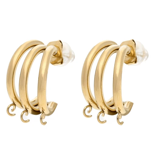 Triple-row hoop earrings 14 mm with 3 open rings - 304 Gold stainless steel x2