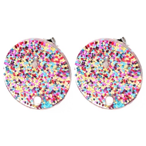 15 mm round acrylic stud earrings - Multicolor Glitter x2