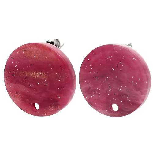 Acetate round stud earrings 15 mm - Marbled Bordeaux glitter x2