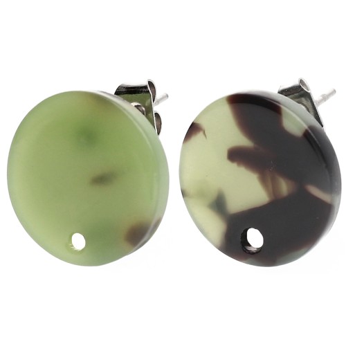 Round 15 mm Acetate Stud Earrings - Tortoiseshell - Dark Green - Black x2