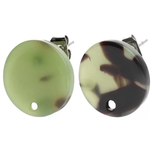 Round 15 mm Acetate Stud Earrings - Tortoiseshell - Dark Green - Black x2