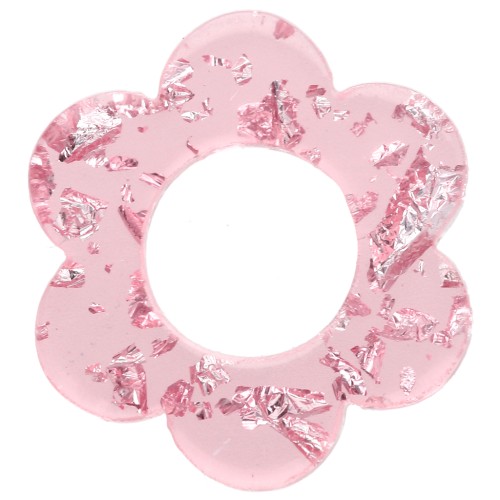 14 mm acrylic flower pendant - Transparent pink - Silver glitter x1