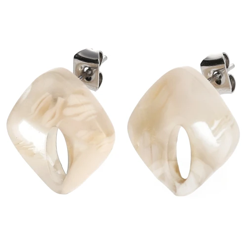 Hollow diamond stud earrings 16x14 mm acetate - Marbled Ivory - Dark Beige x2