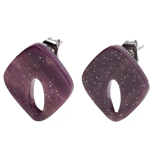 Hollow diamond stud earrings 16x14 mm acrylic - Marbled Violet glitter x2