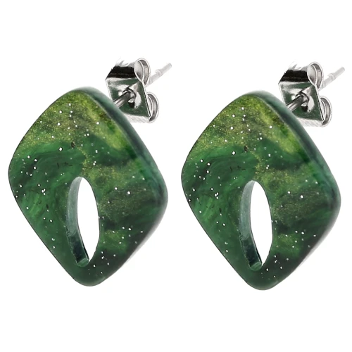 Hollow diamond stud earrings 16x14 mm acrylic - Marbled Dark Green glitter x2