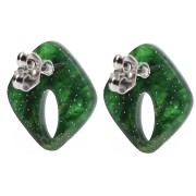 Hollow diamond stud earrings 16x14 mm acrylic - Marbled Dark Green glitter x2