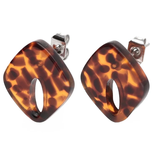 Hollow diamond stud earrings 16x14 mm acetate - Terrazzo Brown - Black x2