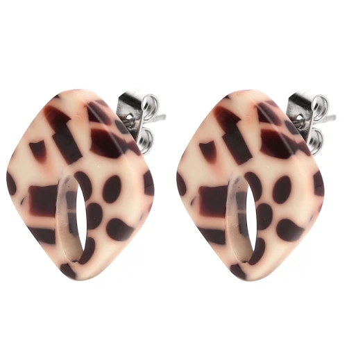 Hollow diamond stud earrings 16x14 mm acetate - Mottled Brown - Cream x2