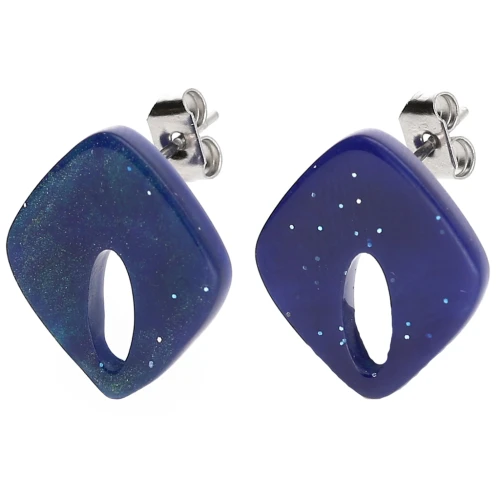 Hollow diamond stud earrings 16x14 mm acrylic - Marbled Midnight Blue glitter x2