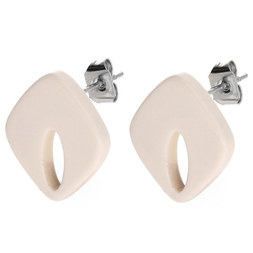 Hollow diamond ear studs 16x14 mm acetate opaque - Ivory x2
