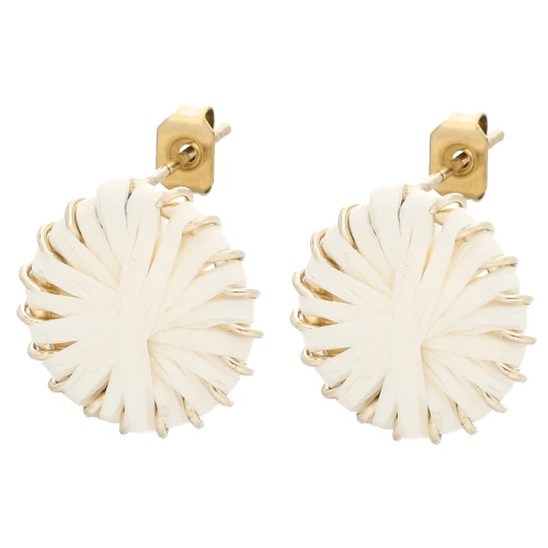 Round 14.5 mm raffia earstuds - Ecru - Gold x2