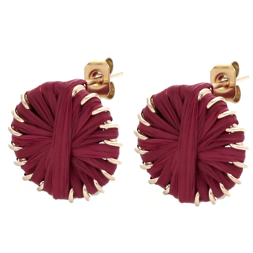 Round 14.5 mm raffia studs - Burgundy - Gold x2