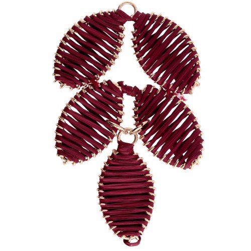 Leaf pendant 68x40 mm in raffia and brass - Burgundy - Gold x1