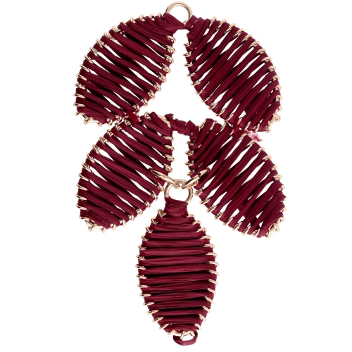 Leaf pendant 68x40 mm in raffia and brass - Burgundy - Gold x1