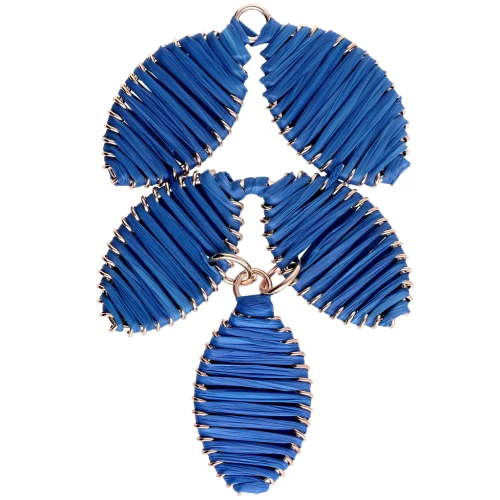 Leaf pendant 68x40 mm in raffia and brass - Royal blue - Gold x1