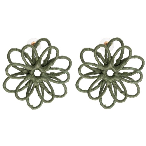 Thread flower earrings - 3D volume - 50x45 mm in raffia - Khaki x2