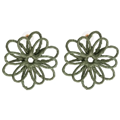 Thread flower earrings - 3D volume - 50x45 mm in raffia - Khaki x2