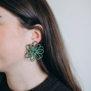 Thread flower earrings - 3D volume - 50x45 mm in raffia - Khaki x2