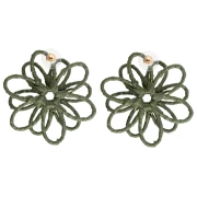 Thread flower earrings - 3D volume - 50x45 mm in raffia - Khaki x2