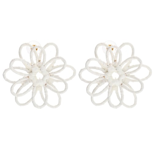 Thread flower earrings - 3D volume - 50x45 mm in raffia - Ecru x2