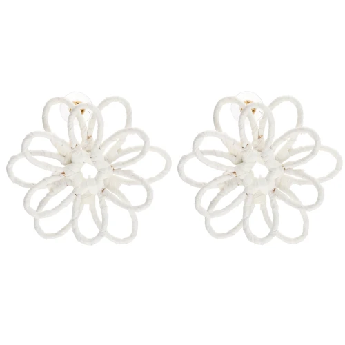 Thread flower earrings - 3D volume - 50x45 mm in raffia - Ecru x2