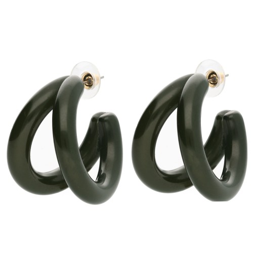 Double-threaded 35.5 mm resin hoop earrings - Dark green x2