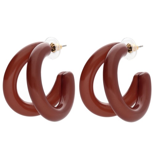 Double-threaded 35.5 mm resin hoop earrings - Brown x2