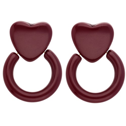 Resin heart and hoop earrings 49x35 mm - Burgundy x2