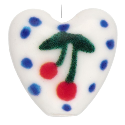 Ceramic heart bead 15 mm - Cherry - White - Blue x1