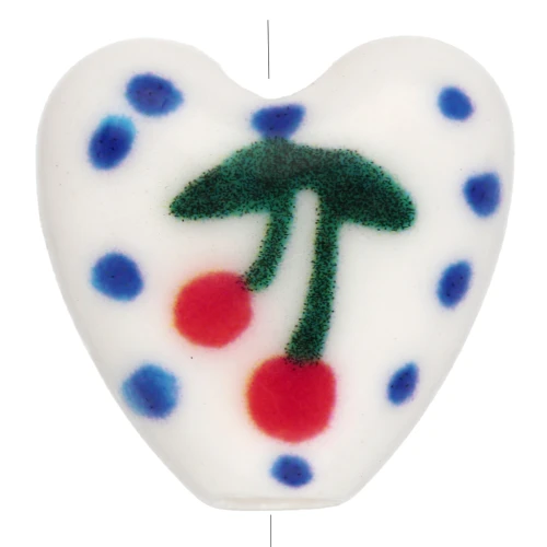 Ceramic heart bead 15 mm - Cherry - White - Blue x1
