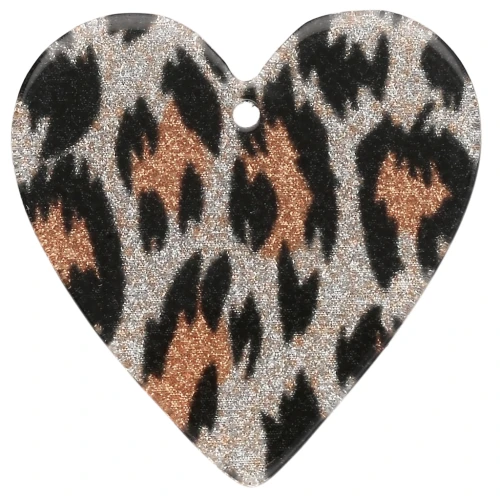 31x32 mm Acetate Heart Pendant - Black Leopard Glitter - Orange x1