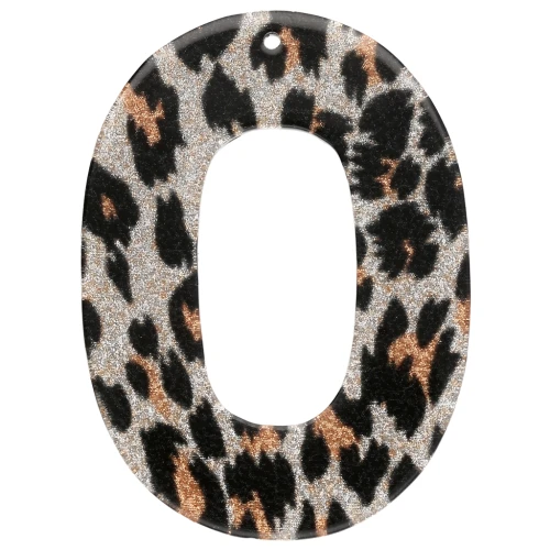 Acetate Oval Hollow Pendant 47x34 mm - Black Leopard Glitter - Orange x1