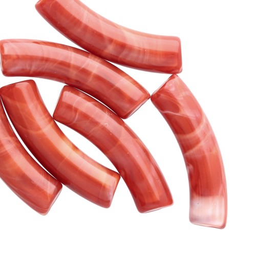 32x8 mm curved tube beads in opaque acrylic - Terracotta marbled x6