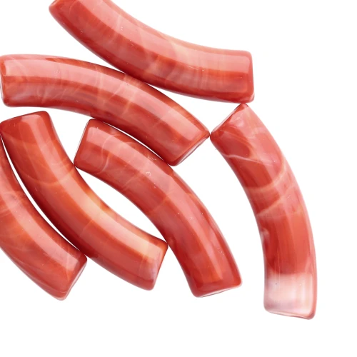 32x8 mm curved tube beads in opaque acrylic - Terracotta marbled x6