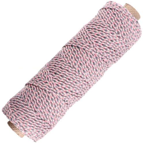 2.5 mm braided cotton cord - made in France - Light pink - Grey x100m