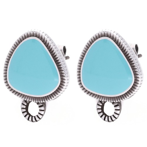 Rounded triangle stud earrings 19.5x15mm Fine Antique Silver plating Turquoisex2
