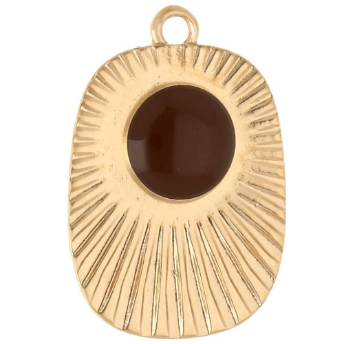 Ethnic rectangle pendant 26x17.5 mm epoxy resin - Gilded with fine gold - Brown x1