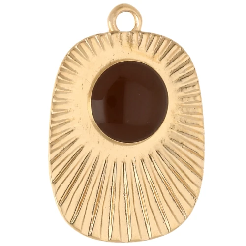 Ethnic rectangle pendant 26x17.5 mm epoxy resin - Gilded with fine gold - Brown x1