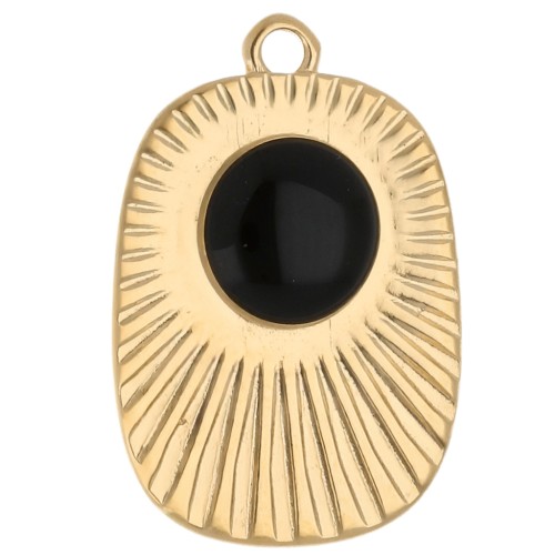 Ethnic rectangle pendant 26x17.5 mm epoxy resin - Gilded with fine gold - Black x1