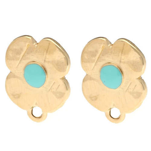 Flower stud earrings 16x13 mm epoxy resin - Gilded with fine gold - Turquoise x2