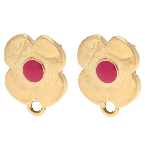 Flower stud earrings 16x13 mm epoxy resin - Gilded with fine gold - Pink x2