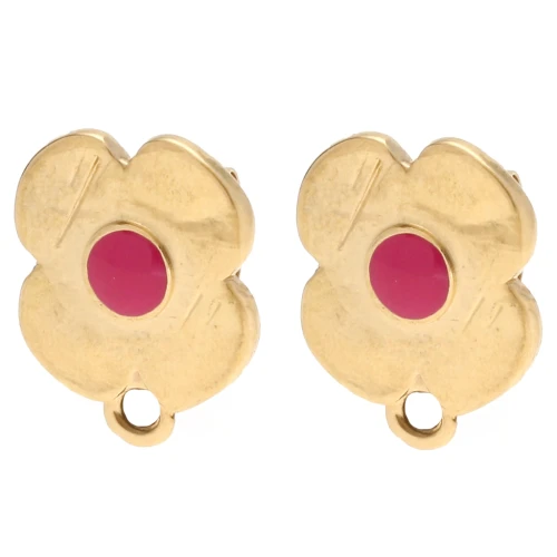 Flower stud earrings 16x13 mm epoxy resin - Gilded with fine gold - Pink x2